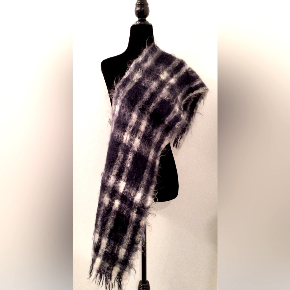 Mohair Navy & White Plaid Scarf-Stole